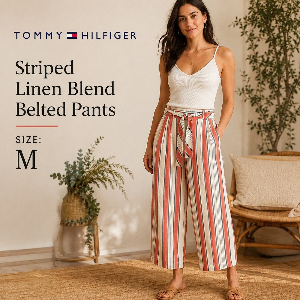 Tommy Hilfiger Striped Culotte Pants Womens Sz M Wide Leg Linen Beach Coastal